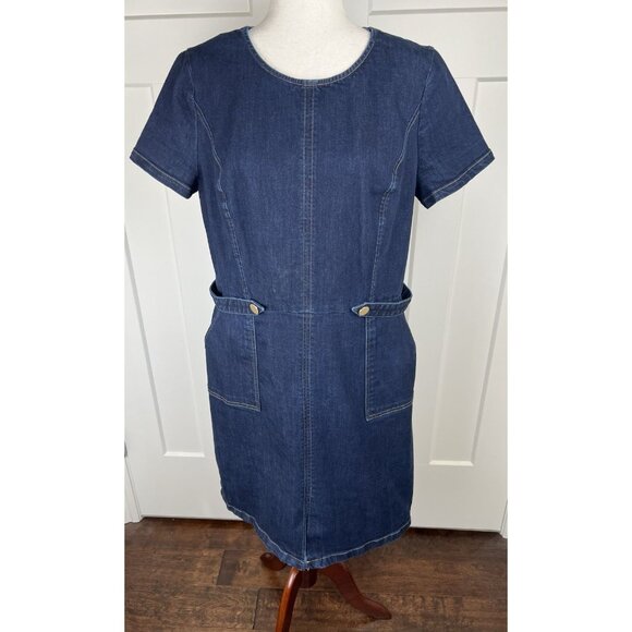 Vintage Liz Claiborne Denim Sheath Dress Size 16 Pockets Classic Minimalist - Picture 2 of 9